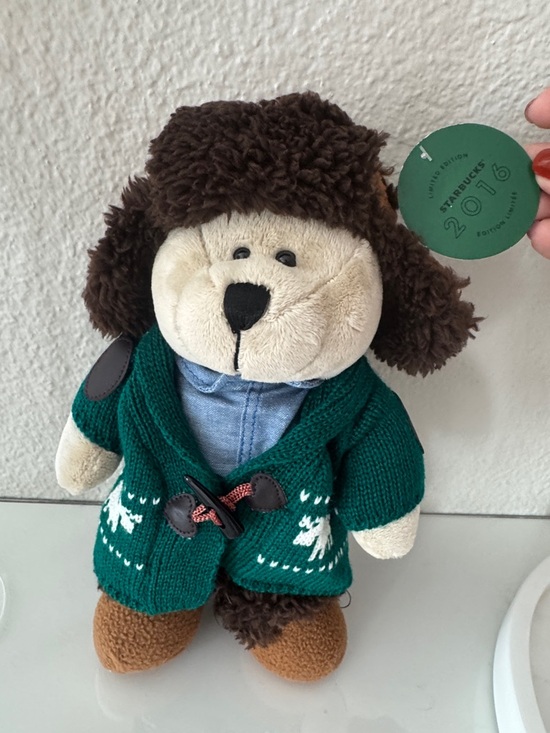 Starbucks Other - Starbucks Plush Bear in Green Knit Cardigan with Brown Hat 2016